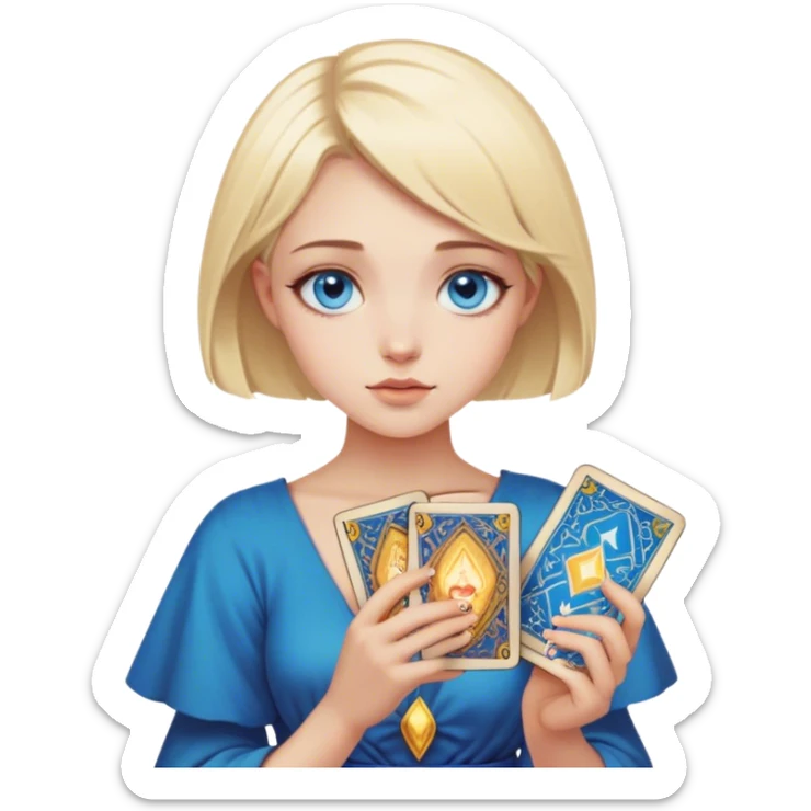 A blonde girl with blue eyes and short hair holds tarot cards sticker