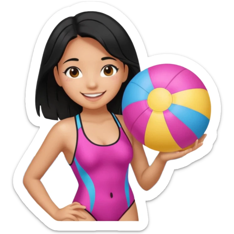 Hawaiian girl with black hair with pink highlights and a swimsuit, with beach ball sticker