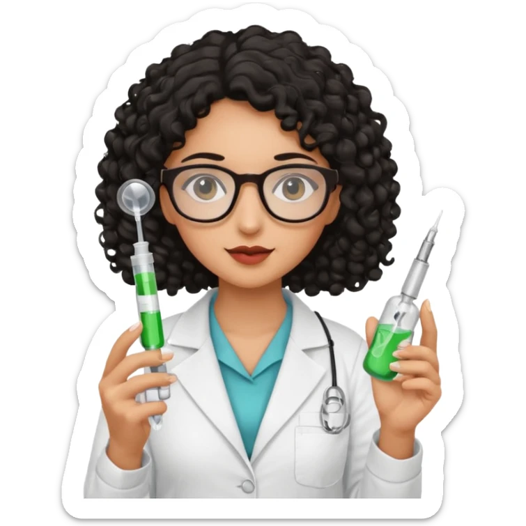 A tan girl, black curly hair with glasses a pharmacist, has a medicine syringe in her hand sticker