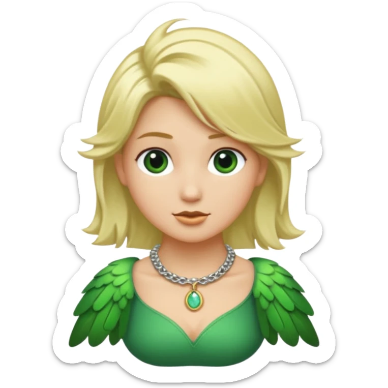 un oiseau classique de profil tout vert même sa tête  et un seul poil blond qui fait une petite bouclette sur le front avec le collier argenté avec des ronds attachés au collier est autour du coup de l’oiseau entre la tête et le corps sticker