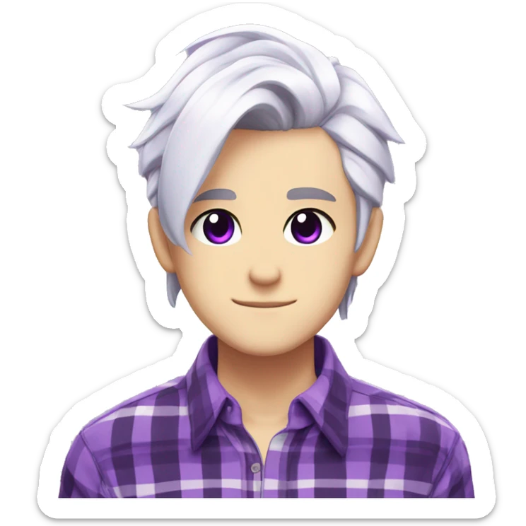 Anime boy with white hair and purple plaid shirt, purple eyes and earrings, emojis for twitch sticker
