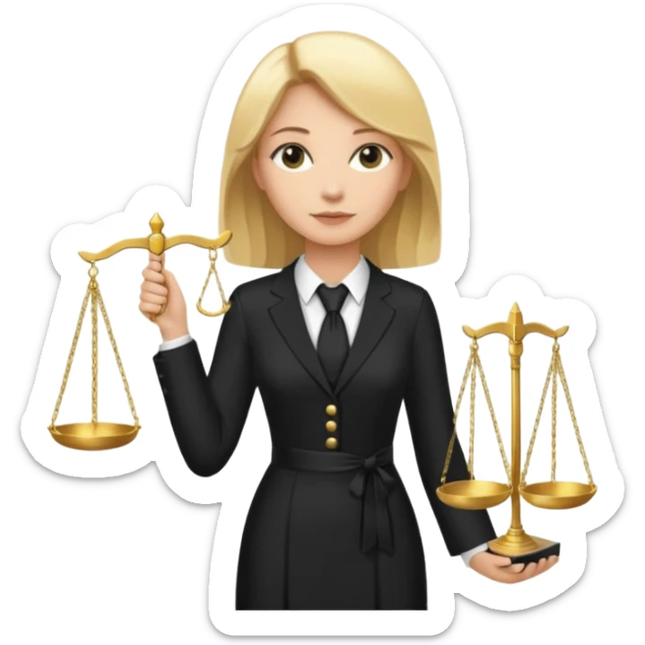 woman lawyer blanche et blonde avec des cheveux mi-long; elle est habillée avec une longue robe noire et une cravate blanche; elle porte la justice sticker