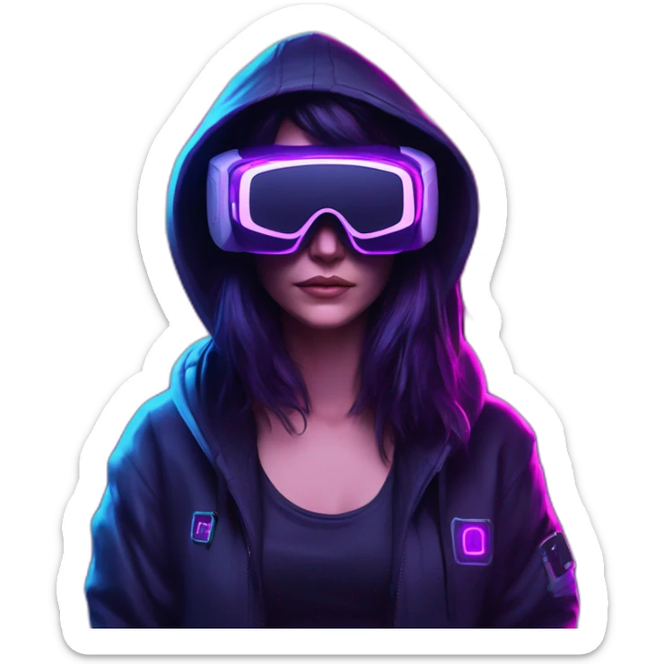 Cathie Wood wearing a black hoodie with "OMG" letters on it and VR headset in a cyberpunk VR environment with violet neon lighting. sticker