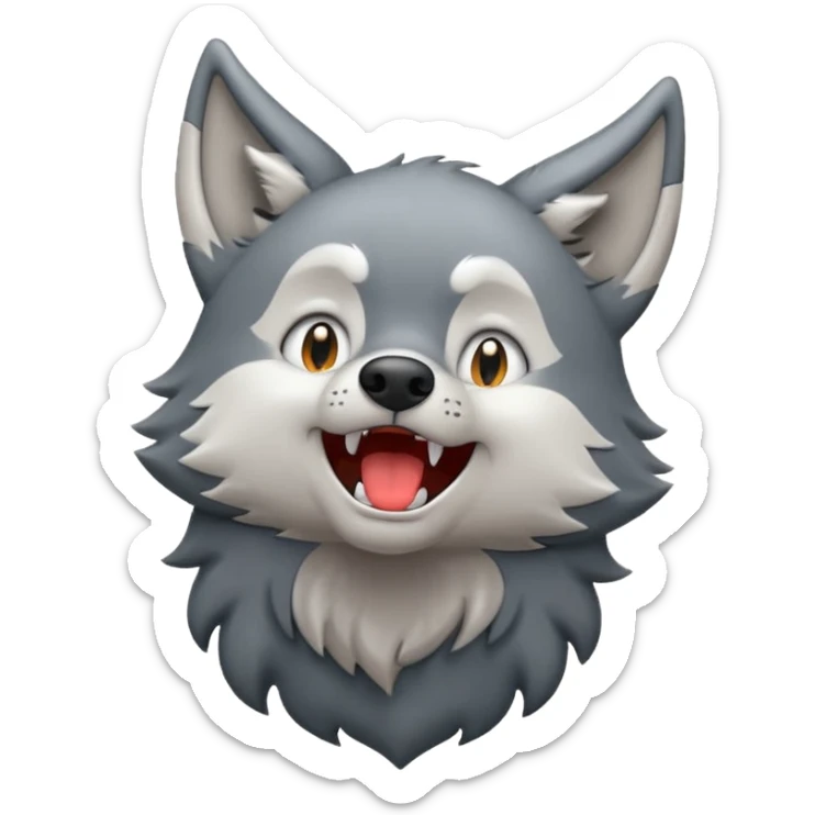 emoji of a wolf howling, head tilted upward with open mouth, small sound lines near the mouth to show the howling action, simple cartoon style sticker