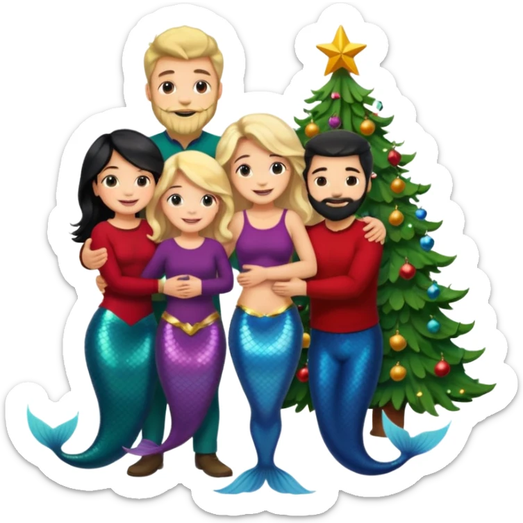 Generate Christmas-style emojis  family. Where light-skinned people stand near the tree all together, hugging and smiling.  girl should be Light-haired woman, mermaid woman, black-haired woman, and 1 man . Add 4 people: Mother, Sister, Sister, Brother  sticker