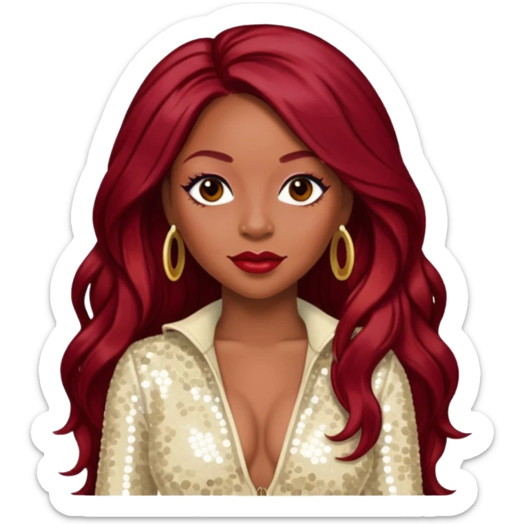 LaTavia Robeson from Destiny's Child with long dark red hair, ivory sequin outfit sticker