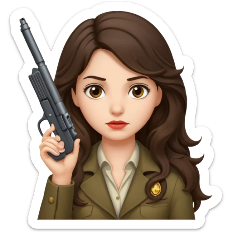 A brunette with long wavy hair girl who is about to kill herself with a littlr gun pointed at her temple sticker