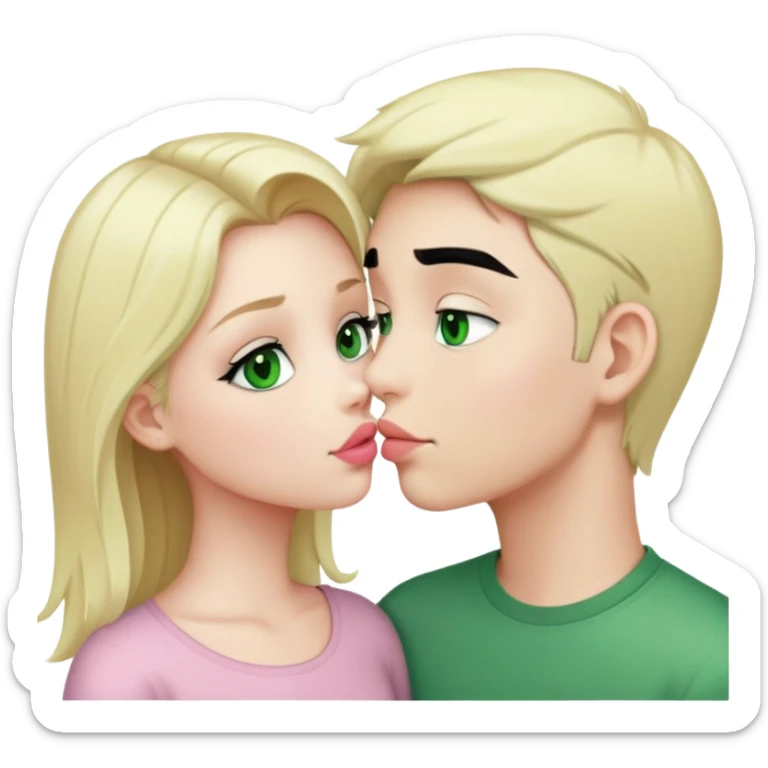 A blonde girl with fair skin and green eyes and light pink lips and a boy with black hair and fair skin and green eyes are kissing  sticker