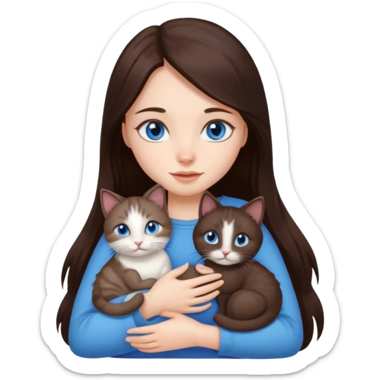 a pretty girl with long dark 
brown hair, with blue eyes, hugs 3 different natural coloured small cats sticker
