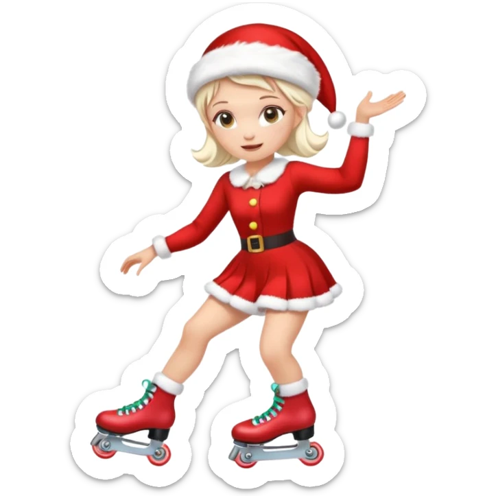 Create an emoji-style illustration of a female roller skater wearing roller skates and a Mrs. Claus (Mama Noel) outfit. The style should be cute, expressive, colorful, and clear at small sizes, with simple lines, soft shading, and a festive Christmas vibe. sticker