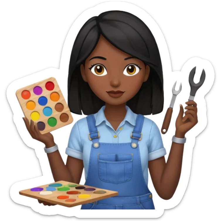 Créame emoji de una mujer que sea diseñadora industrial, pelo negra, piel morena, femenina con overol y una paleta de colores o herramientas de taller piel oscura chocolate cabello largo  sticker