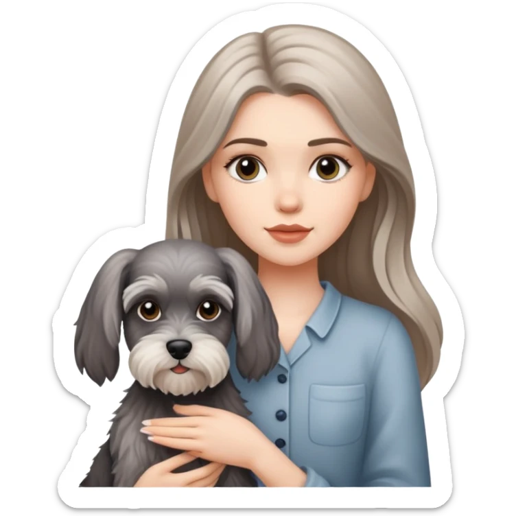 A beautiful white girl with long hair holding a schnauzer sticker