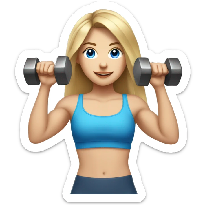 girl with brown hair with blonde highlights and light skin and blue eyes holding a dumbbell while having big arms and abs sticker