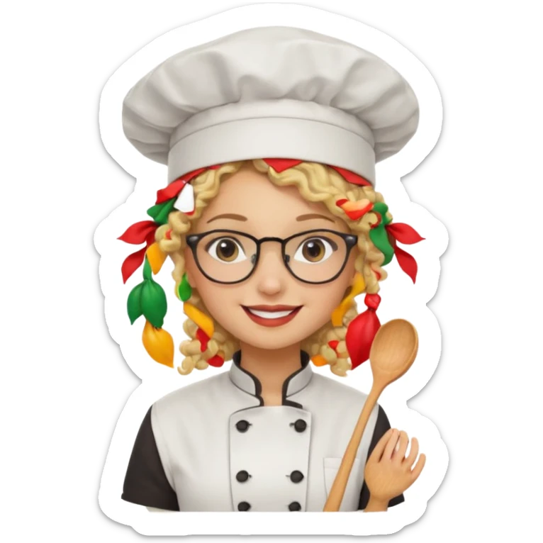 blonde girl with curly hair and glasses with a Mexican hat and chefs uniform sticker