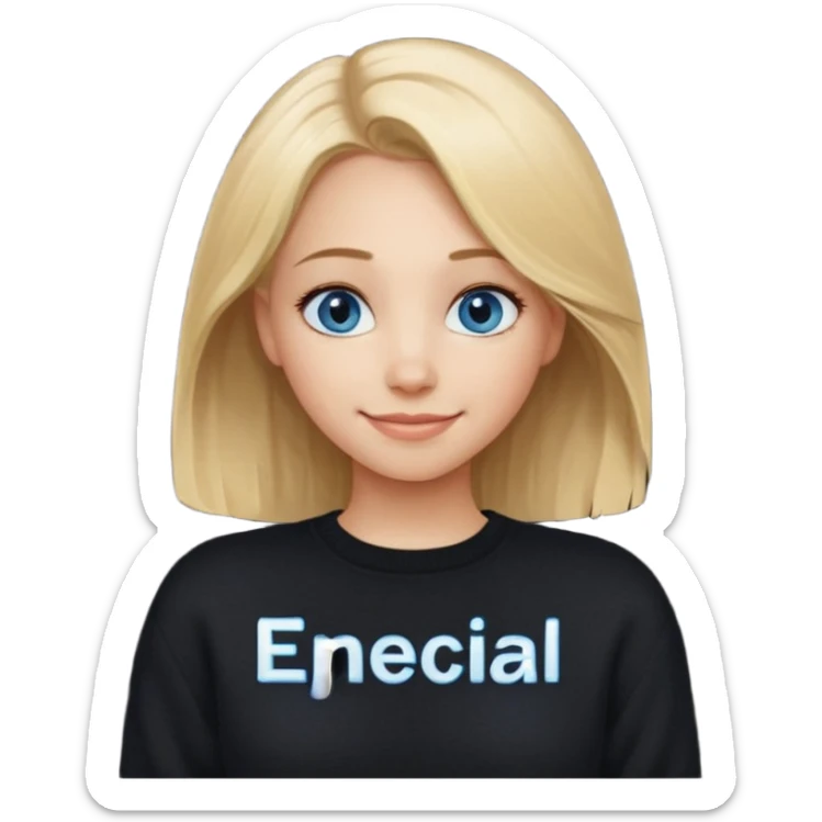 a new character a girl with shoulder length blonde hair wearing black clothes and wearing a cheeky smile she has blue eyes her black sweater has an emo style badge remove the badge and instead add the words special sticker