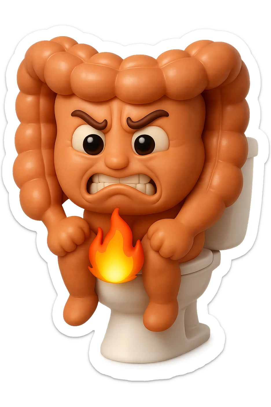 SU QUESTO STILE FAI UN EMOJI STILE IPHONE 3D DI UN INTESTINO CHE sta seduto sul wc e dal wc in mezzo alle sue gambe esce una fiamma stile emoji iphone, FAGLI UN ESPRESSIONE di dolore mentre si sforza E FALLO MOLTO REALISTICO IN 3D sticker