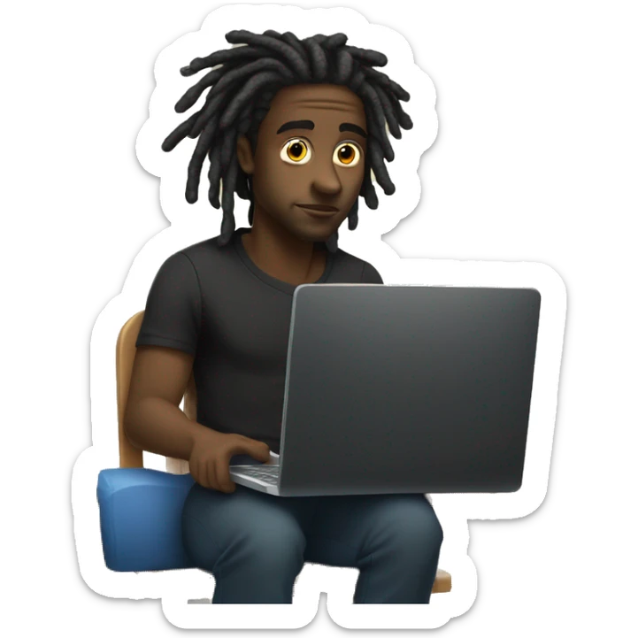 Black-guy-with-dreads-wearing-black-trackstuit-sitting-down-on-chair facing-foward-focused-on-laptop-computer- sticker