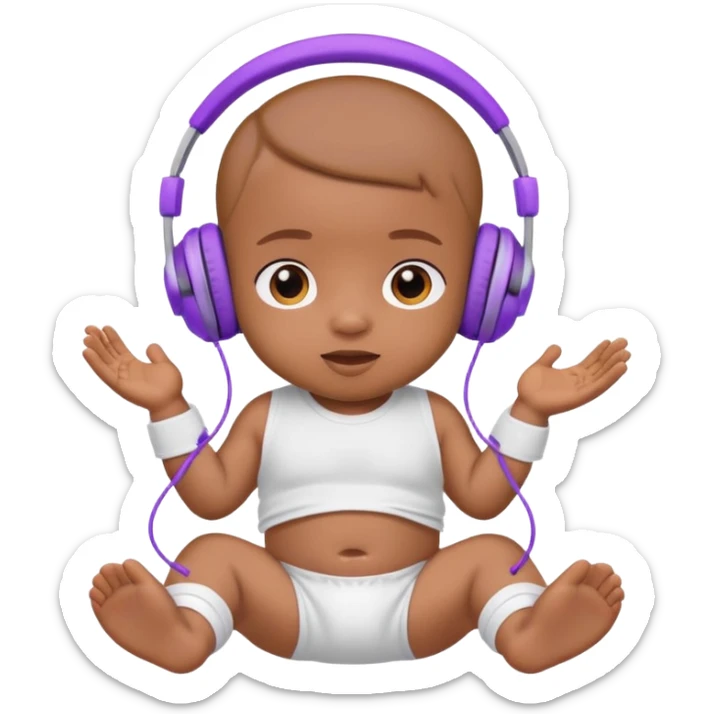 a brown skin cute baby in a white diaper and purple headphones sticker