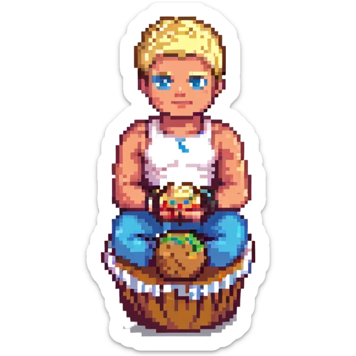 Add a wrestling belt to Cody Rhodes as he sits on the cupcake in pixel art style, no background. sticker