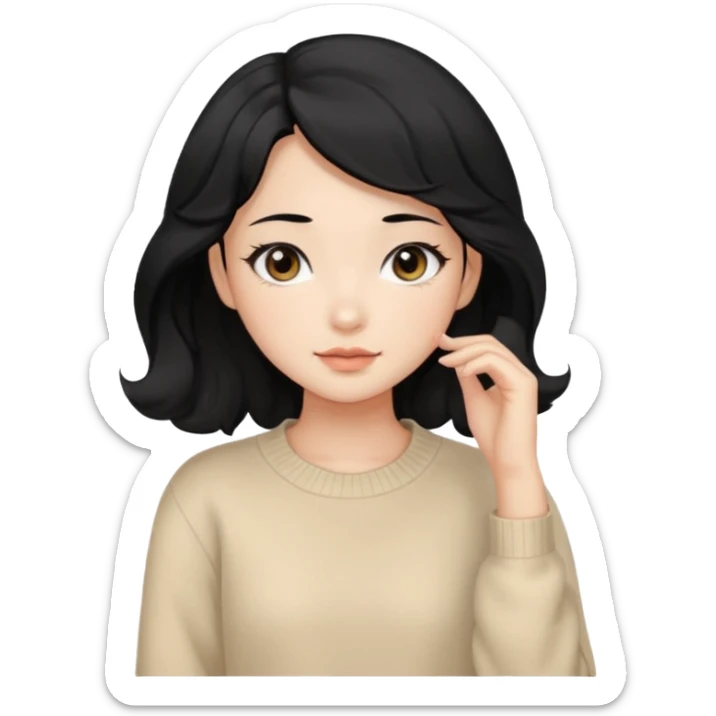 Beautiful girl,Black hair,wavy hair，long hair,Black eyes,Chinese, beige sweater  sticker