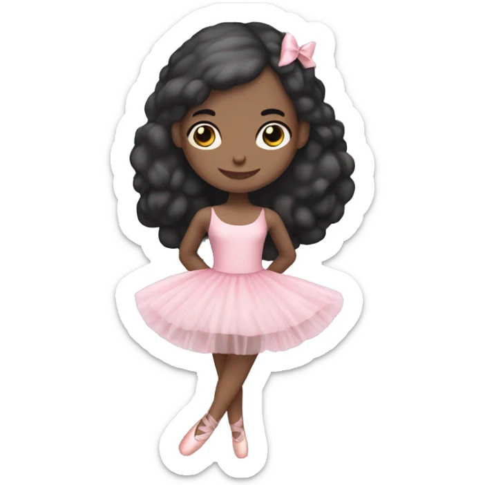 a ballerina with a cute pink tutu and has pale white skin with ballerina shoes and a bow on her head with black hair sticker