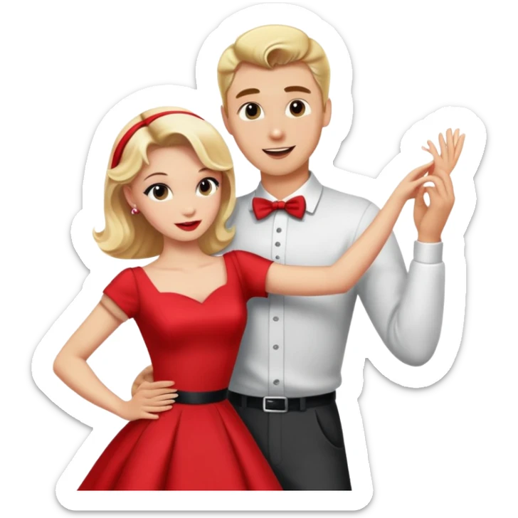 Create a blonde girl and blonde guy dancing and she is wearing a 50s red dress sticker