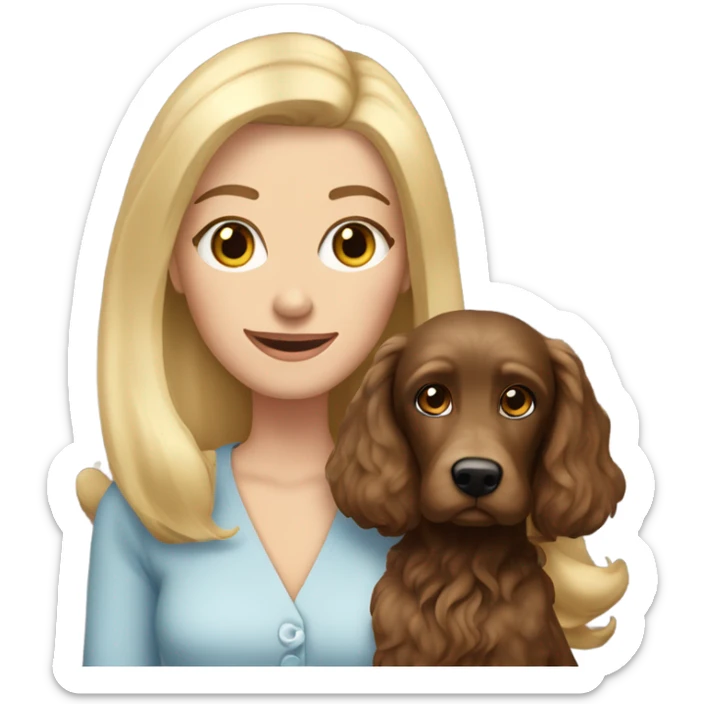 Old blue eyed blonde lady with long straight hair with dark brown Cockapoo puppy dog sticker
