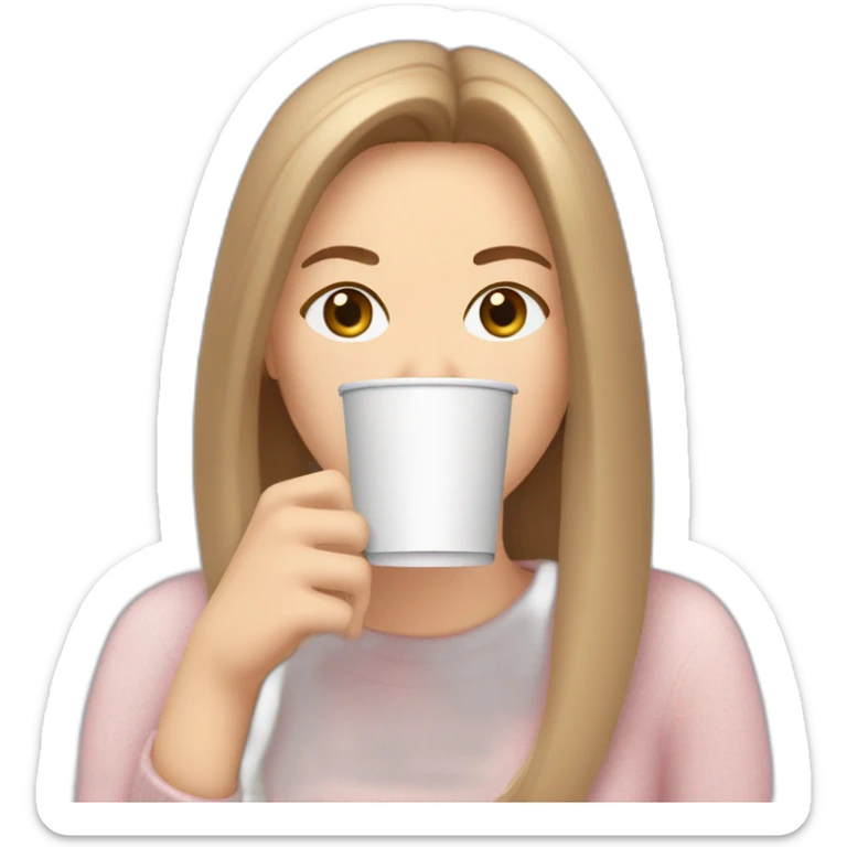 woman-with-pale-skin-and-brown-long-thin-straight-hair-wearing-a-white-woolly-shirt-drinking-coffee-from-a-light-pink-takeaway-cup-eyes-closed-b sticker