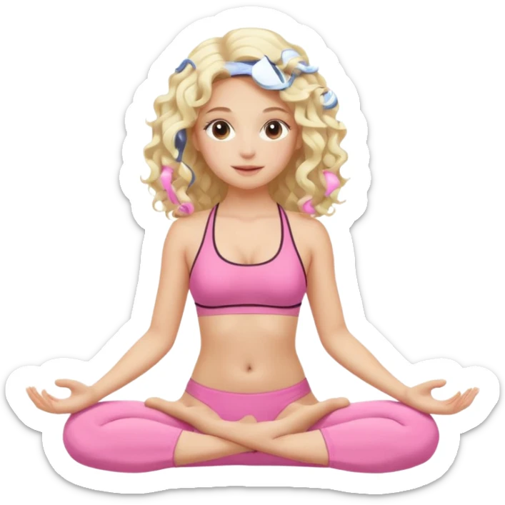 a blond girl sitting in yoga pose in the pink swimwear with white long curly hair sticker