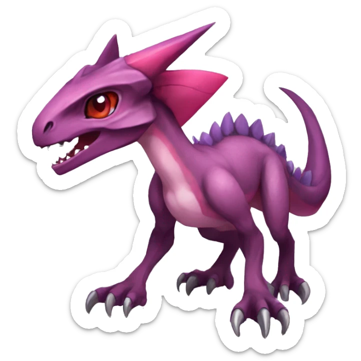 Chibi-Anthro Mauve-maroon-red-colored edgy anthro-genesect-velociraptor-scalie-sona-Fakémon-hybrid with a purple-pink mane on head and back and horns full body sticker