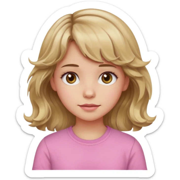 girl with wavy dirty blonde hair and wavy bangs, hazel eyes, white skin, pink cute shirt sticker