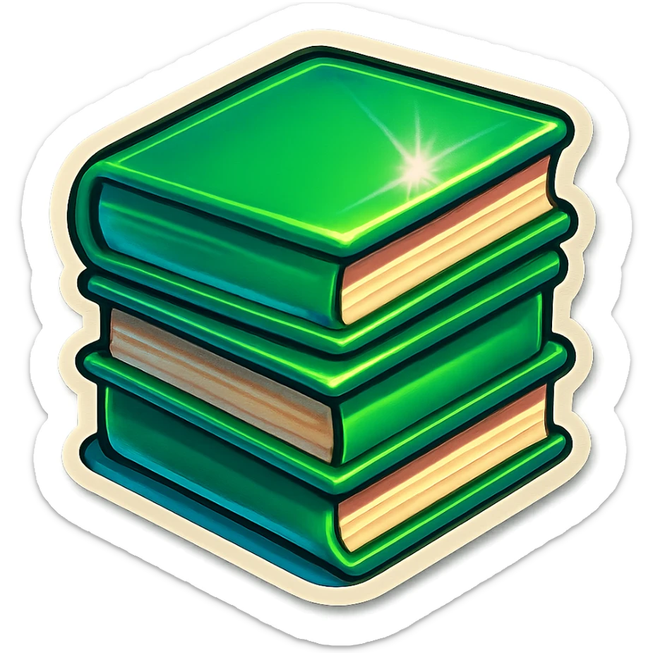 A stack of green books in retro stickers style, with a vintage design and a retro vibe sticker