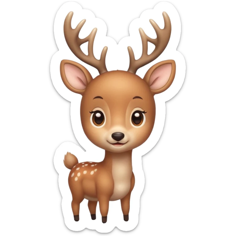 A cute deer is lying, small and simple, with big round eyes, a gentle smile, short antlers, soft beige fur with slightly lighter spots on its back, rounded cartoon-like proportions, minimal shading, vector-style, sticker