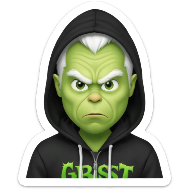 Create an avatar of white european male in hoodie with ``BST`` letters on it. make him look like grinch from movie sticker