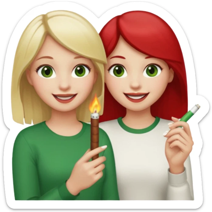 a girl with blonde hair and green eyes that are red in the white part holding a joint, and a girl with darkbrown hair beside her laughing with brown eyes that are also red on the white part sticker