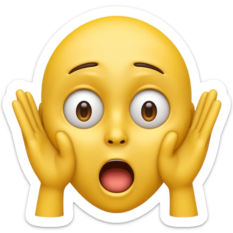 A 3D glossy yellow emoji of a shocked horrified face, with mouth and eyes are wide open, eyebrows  raised, and hands against their cheeks, face has no nose, black background, high quality, soft studio lighting sticker
