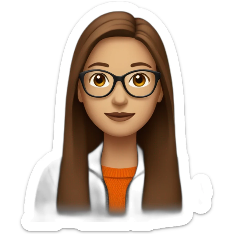 woman with light glasses with long straight brown hair waving wearing a dark orange sweater and black jacket sticker