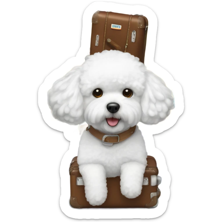 A world traveler, Bichon Frise, with a suitcase filled with iconic places stickers on the suitcase  sticker