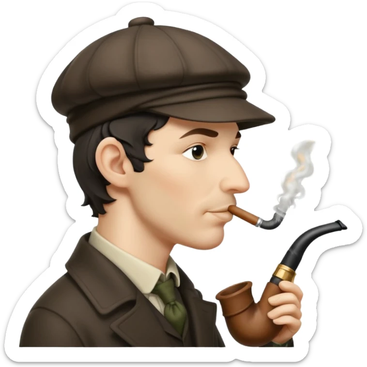 A side view of Sherlock Holmes wearing a deerstalker hat and smoking a curved meershaum pipe sticker