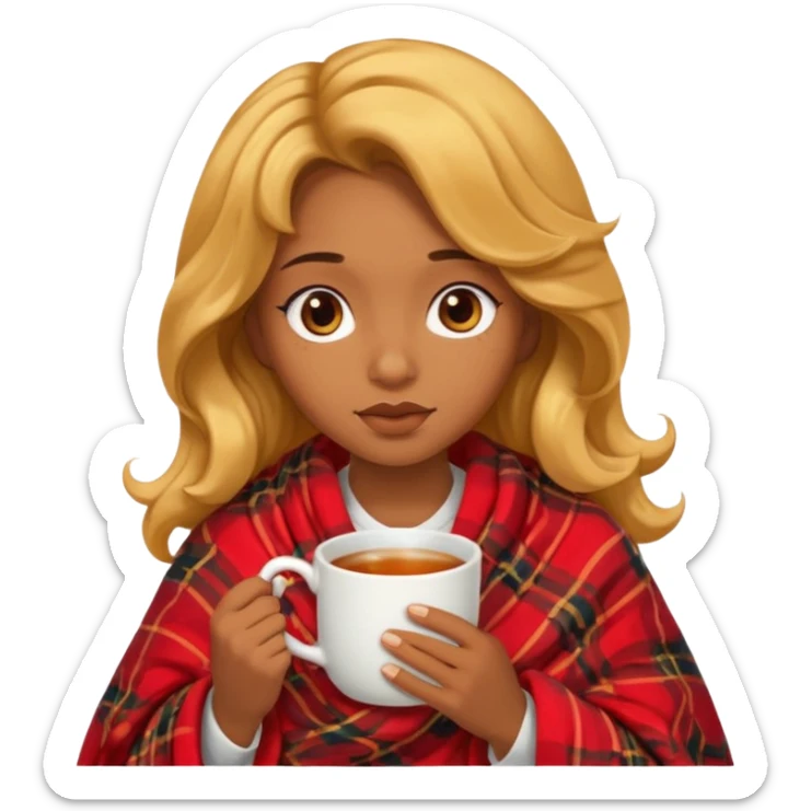 cute and sexy brown skin girl, golden wavy hair, sexy face expression, feeling sick, nose is red due to sickness, covered by blanket, holding tea mug in hands sticker