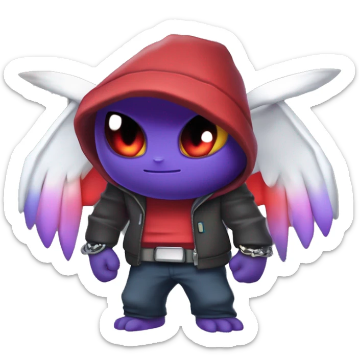 pokemon gibi
Un personnage crânien stylisé avec capuche sombre, ailes lumineuses multicolores (rouge, violet, bleu), yeux rouges en croix, halo au-dessus, épées croisées dans le dos, torse musclé, bracelets noirs, et un style cartoon néon énergique. sticker