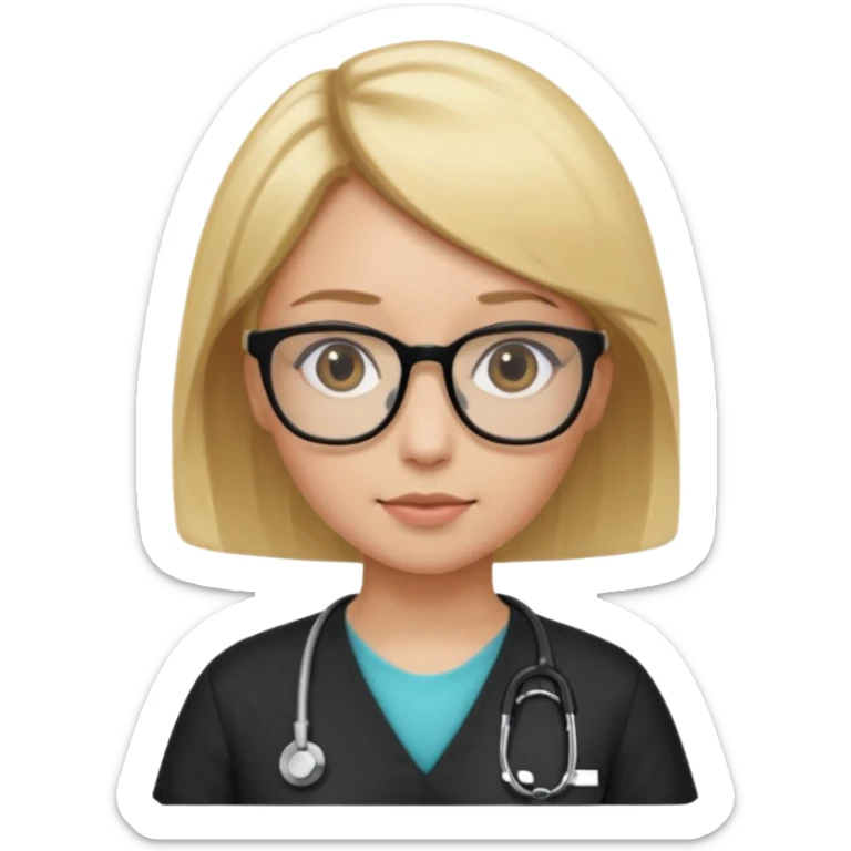 A girl in black scrubs with a blonde bob and glasses no stethoscope  sticker