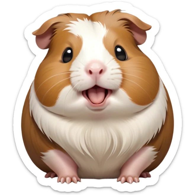 Cinematic Cute Yawning Brown and White Banded Guinea Pig Portrait Emoji, Head tilted slightly with a dramatic, wide-open yawn, revealing a soft, banded fur of brown and white with tiny, droopy ears, round dark eyes barely open in drowsy contentment, Simplified yet irresistibly adorable features, highly detailed, glowing with a soft, cozy glow, high shine, relaxed yet expressive, stylized with a touch of whimsy, bright and endearing, soft glowing outline, capturing the essence of a sleepy yet affectionate guinea pig, so drowsy it feels like it could stretch out of the screen and curl up for a nap! sticker