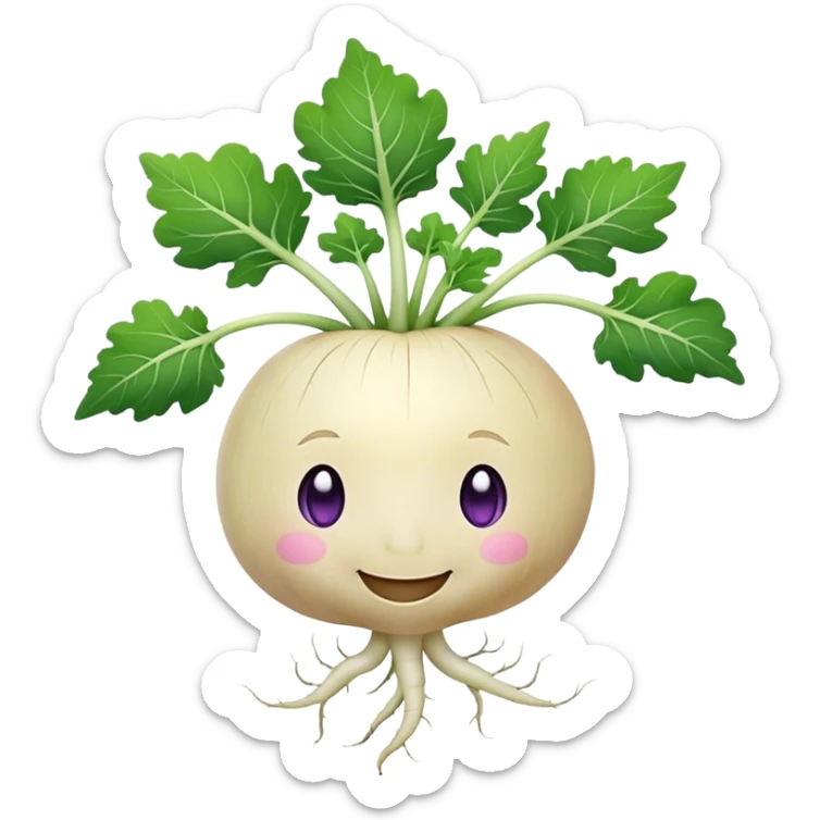 white turnip with slight purple shading with cute smiling baby-like face and leafy stalk and cute spindly roots from the bottom sticker