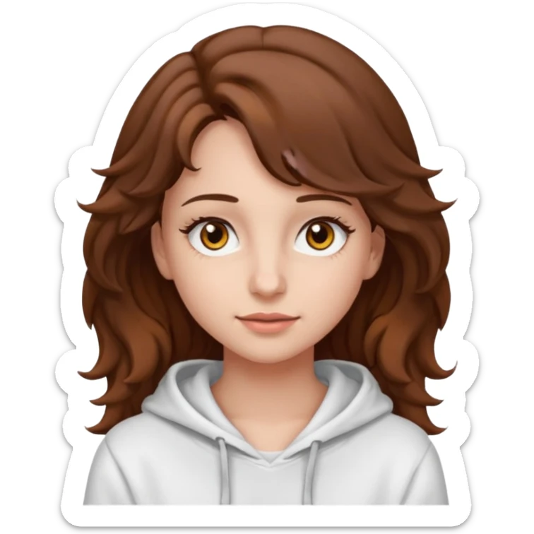 Una ragazza con una felpa semplice bianca,ha gli occhi marroni,i capelli marroni  , c’è gli ha lunghi e ricci ma non troppo e ha le ciglia stile emoji apple sticker