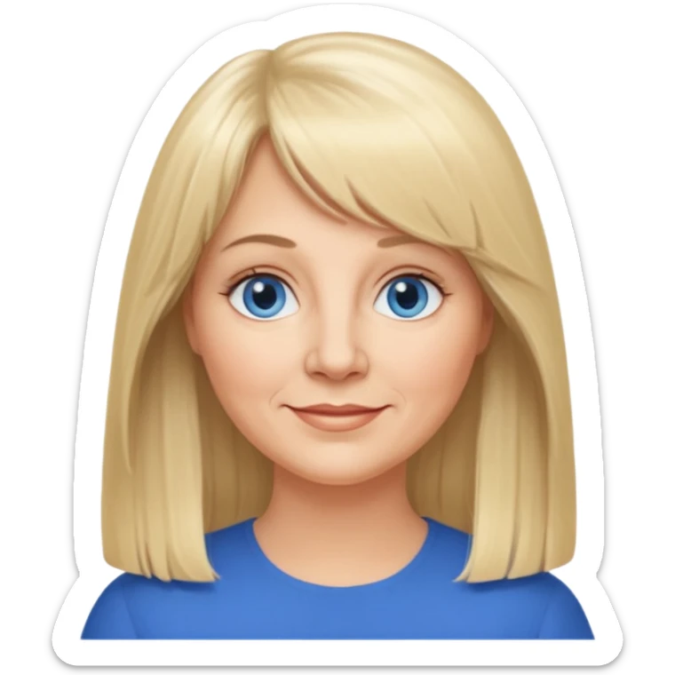 50 yr old white woman, curtain bangs, very long straight blond hair, oval face, small smile, blue eyes, slightly chubby face sticker