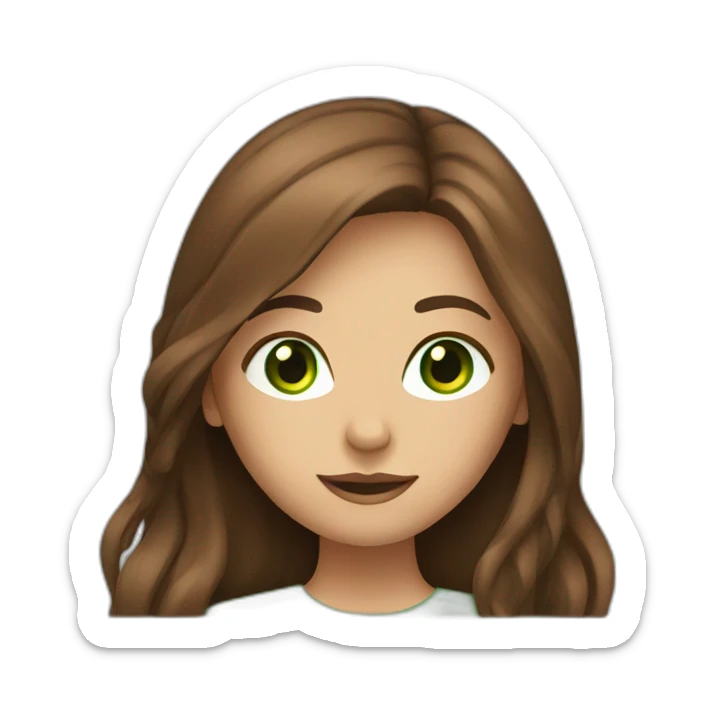 Girl with long brown hair, green eyes and laptop sticker