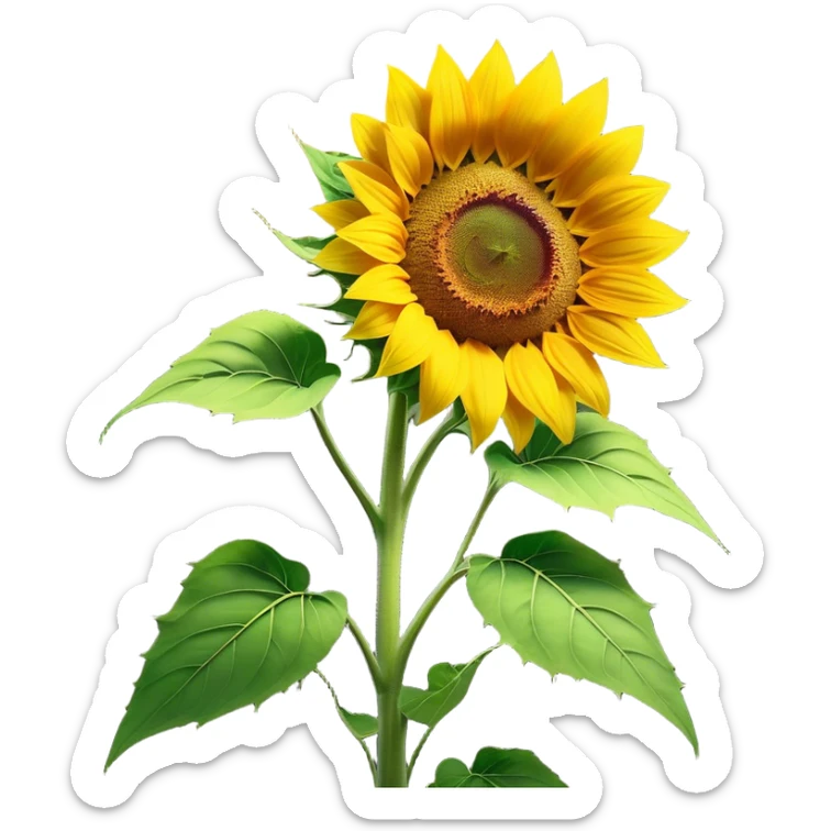 Cinematic Realistic Sunflower Emoji, Tall and bright, with a large, golden-yellow blossom facing the sun, its broad, textured petals surrounding a dark center. The sturdy green stalks and leaves frame the vibrant flower, while a gentle breeze causes the petals to sway. Soft glowing outline, capturing the essence of sunshine and warmth in a cheerful, towering sunflower! sticker