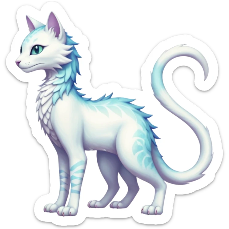 Kawaii white iridescent beautiful pretty elegant divine edgy fantasy feline-vernid-fionbri-sergal-fursona animal creature with a tufted tail full body with intricate markings  sticker