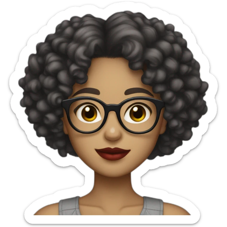 Girl with curly black hair, glasses, brown eyes and red lips, light skin tone sticker